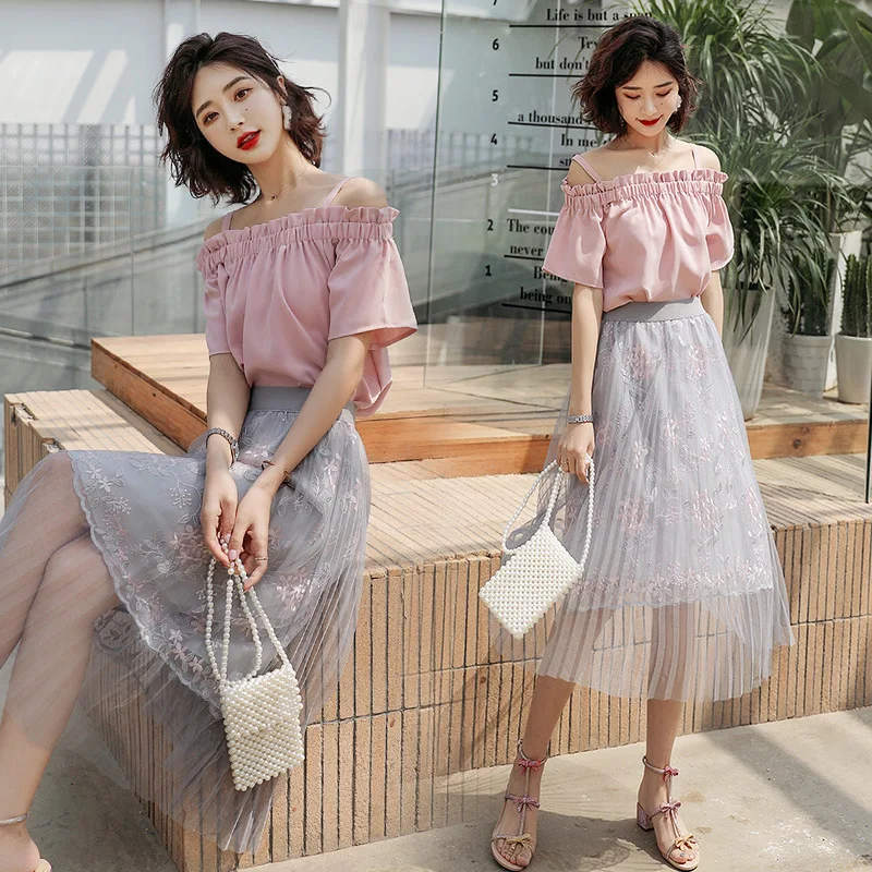 

Gauze Skirt WOMEN'S Suit 2019 Summer New Style Korean-style Fashion Victoria fu gu qun Western Style Two-Piece Set