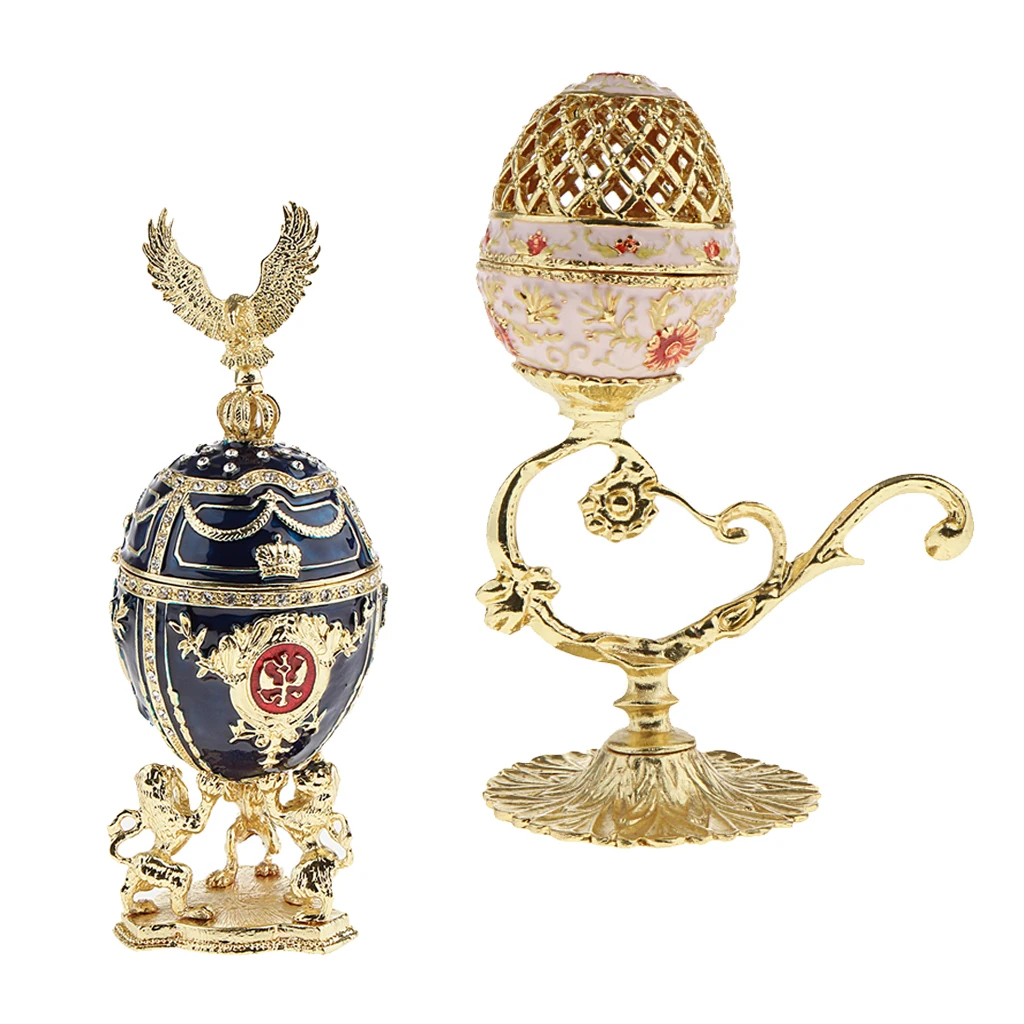 2Pcs Luxury Faberge Easter Eggs Russian Royal Case Legs Jewelry Box Holder