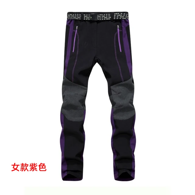 women purple Зимние флисовые походные брюки для мужчин и женщин, водонепроницаемые лыжные флисовые брюки Софтшелл, уличная одежда для горных/рыболовных/треккинговых прогулок - Цвет: women purple
