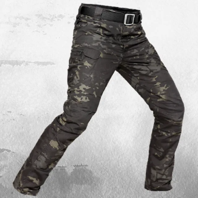 Tactical Pants Men Elastic Outdoor Military Army Trousers Men Multi-Pocket Waterproof Wear Resistant Casual Cargo Pants IX7 Black camo