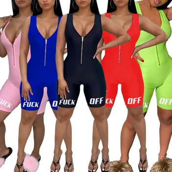 

AA New Women Sleeveless Deep V-neck Front Zipper Bodysuit Rompers Letter Print Bodycon Clubwear Streetwear Jumpsuit Trousers