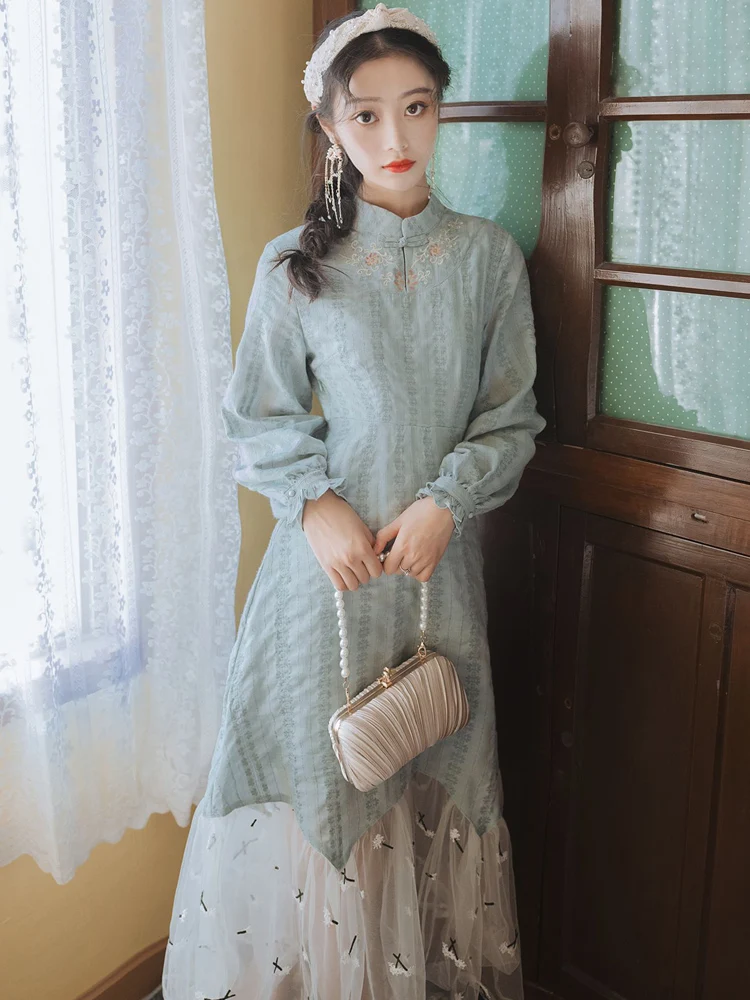 Improved qipao dress autumn/winter sweet young girls long-sleeved dust