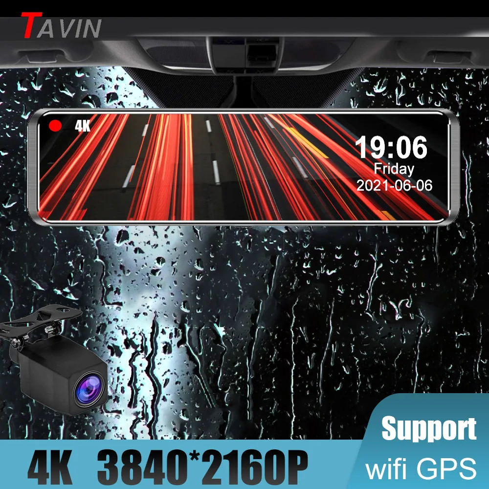 TAVIN D256 Видеорегистраторы для автомобилей Камера 4K и 1080P видео Регистраторы WI-FI