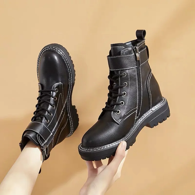 

Genuine Leather Martin Boots Women's 2019 Autumn And Winter New Style Versatile Autumn And Winter Fleece Lining Black Korean-sty