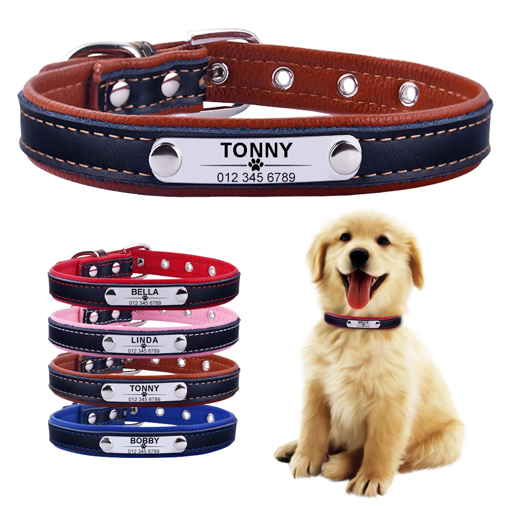 AiruiDog Adjustable Personalized Dog Collar Leather Puppy ID Name Custom Engraved XS-L