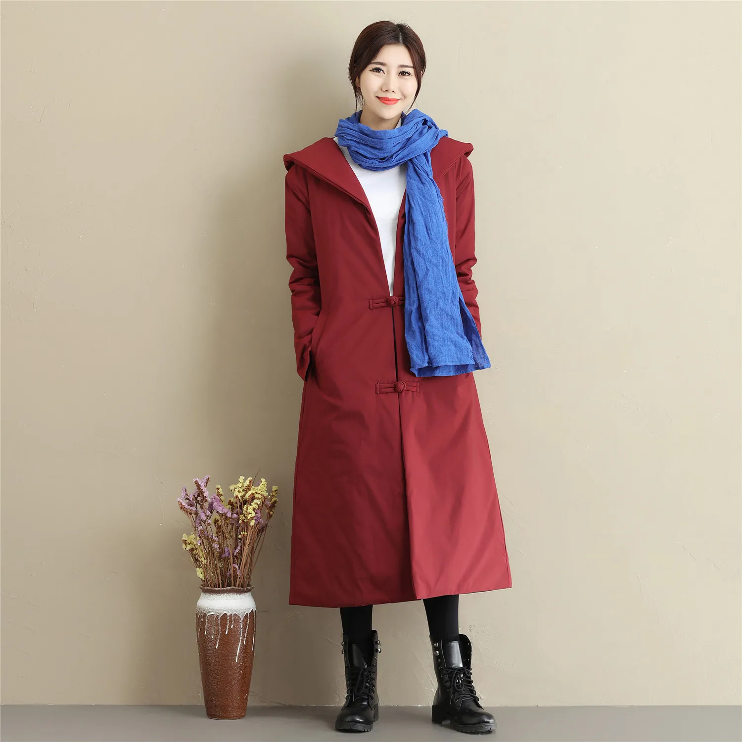 

Ma Fan Autumn And Winter New Products Cotton-padded Jacket Chinese-style Ethnic-Style WOMEN'S Dress Long Hooded Frog Cotton-padd
