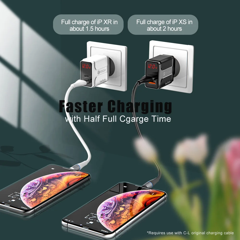 Phone Charger Twitch 18W LED Display Dual USB Charger Quick Charge 3.0 Fast Wall Phone Charger Adapter For iPhone Pro Max Xiaomi Redmi Huawei