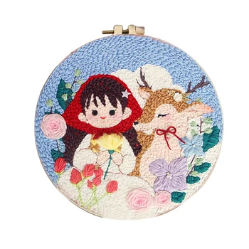

DIY Knitting Wool Rug Hooking Handcraft Woolen Embroidery Gift Punch Needle Scissor A-frame Wooden Frame - Young Girl and Deer