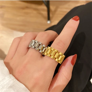 

HUANZHI 2020 New Trendy Hip Hop Punk Metal Gear Strap Titanium Steel Chain Ring for Women And Man Party Jewelry Gifts