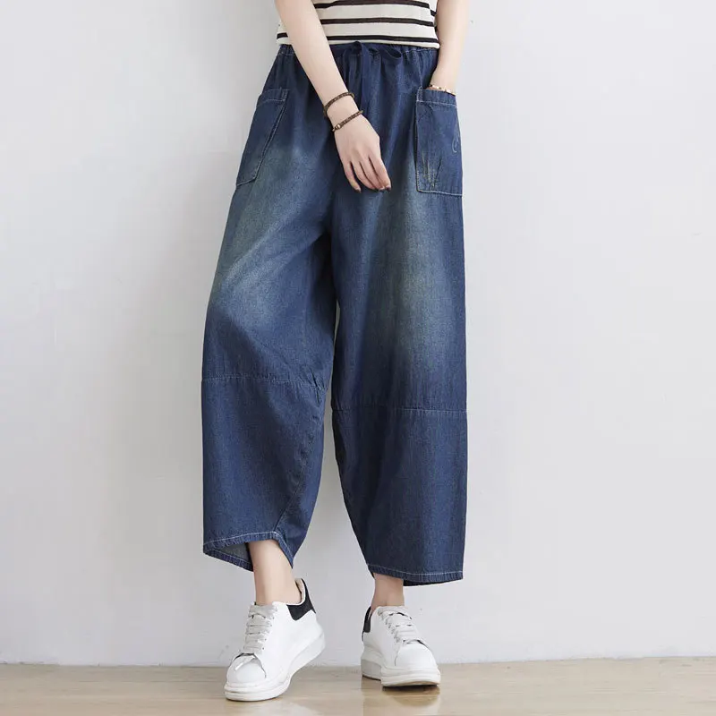 Free Shipping 2021 New Fashion Ankle Length Pants Women Loose Trousers Summer Denim Pants With Pockets Elastic Waist Blue Jeans brown vintage baggy jeans women 90s streetwear pockets wide leg cargo pants y2k high waist straight denim trousers 2021