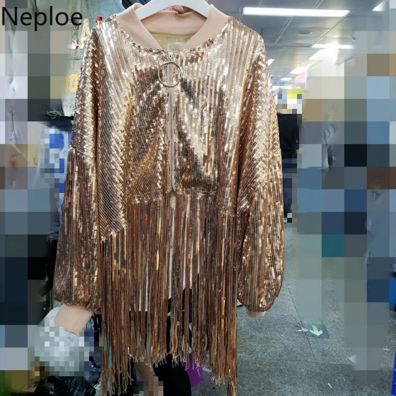 Neploe/корейские модные женские куртки с блестками для тяжелой работы, с высокой талией, с кисточками, на молнии, Casaco Feminino, осень 45626
