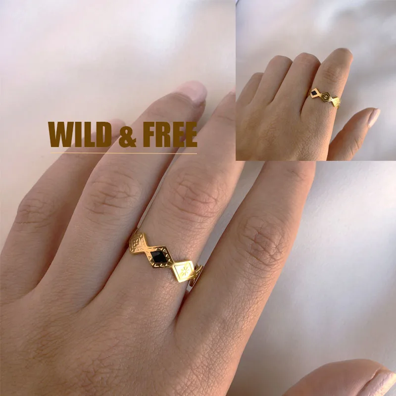 Gold Plated Boho Adjustable Geometric Open Rings Jewelry Stainless Steel Black Enamel Rhombus Stackable Finger Ring For Women