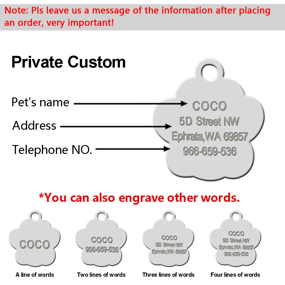 Custom Anti-lost Collar Puppy Accessories Name Pendant Tags Cat Steel ID Dog Dog Tag Engraved Pet Tag Paw Stainless Personalized