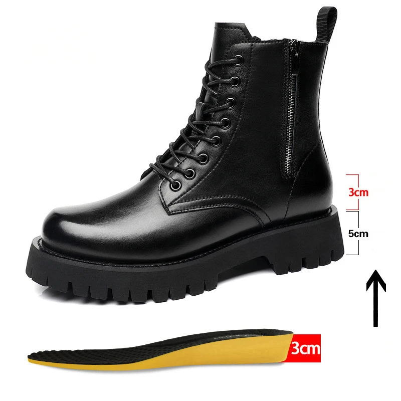 8CM Height Increasing Men Platform Boots Winter Zipper Fur High Mens Leather Boot  Male Elevator Shoes Autumn