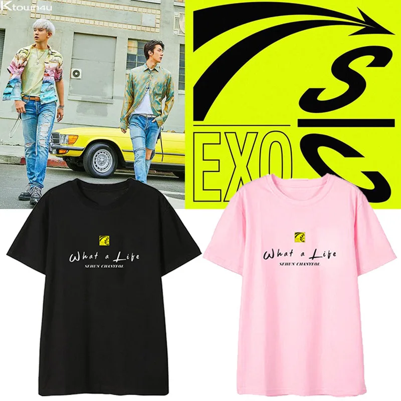 Kpop EXO SC What a Life SEHUN CHANYEOL альбом рубашки уличная свободная футболка с коротким рукавом топы Футболка DX1059