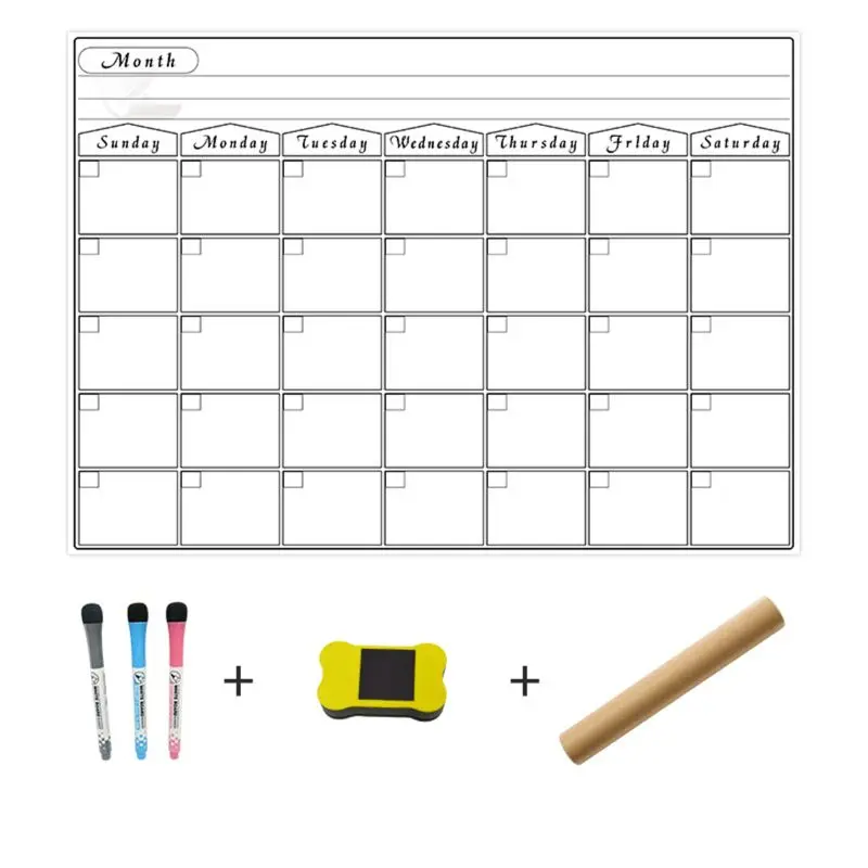 Магнитный календарь DryErase для холодильника 3 тонких маркера и большой ластик с магнитами-ежемесячная доска для холодильника - Цвет: white
