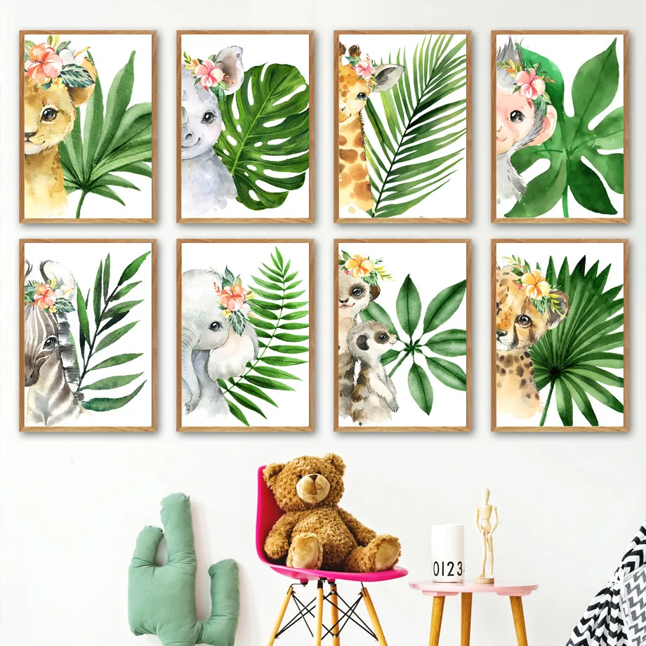 Plant-Leaf-Zebra-Elephant-Monkey-Animal-Wall-Art-Canvas-Painting-Nordic-Posters-And-Prints-Nursery-Wall (2)