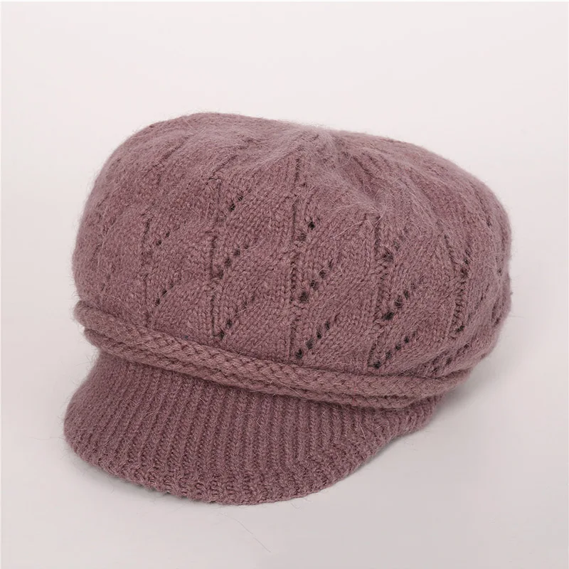 light purple Модная женская розовая вязаная зимняя шапка, шапка с козырьком для взрослых, шапки из кроличьей шерсти с козырьком, женские береты, зимние шапки Skullies - Цвет: light purple