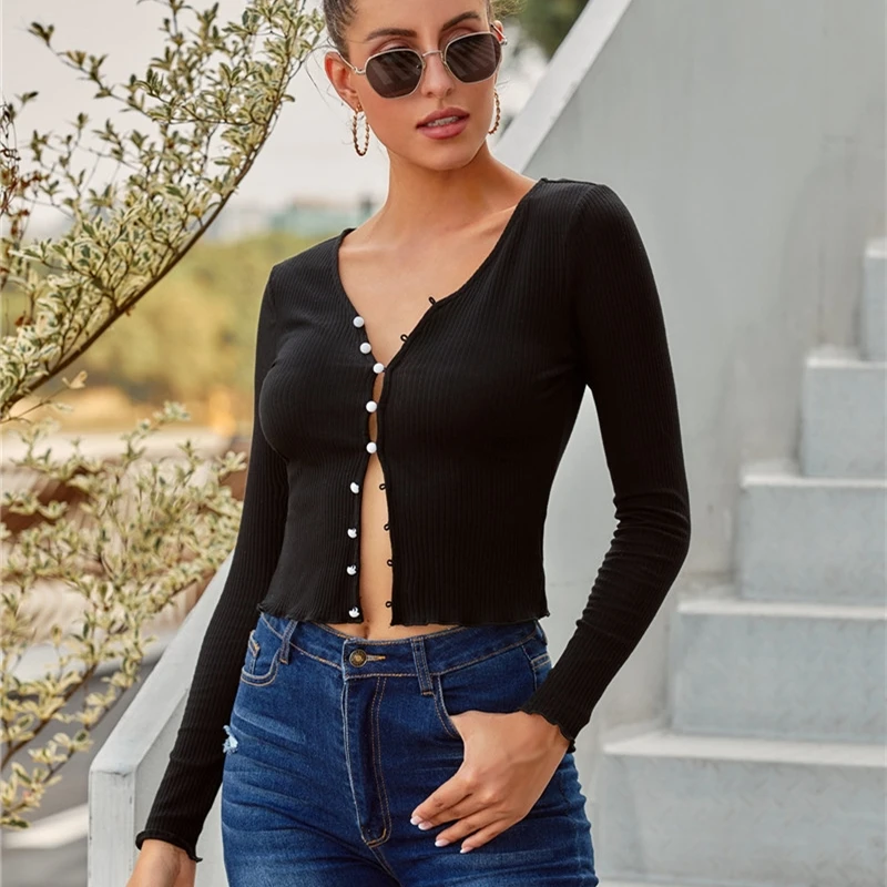 New Women's Black Long-sleeved Shirt V-neck Slim Button Cardigan Lotus Lace Cropped Short T-shirt Autumn Sexy Lady Party Wear