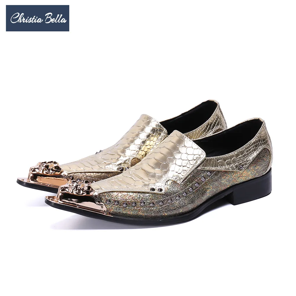 Christia Bella Gold Wedding Men Dress Shoes Rivets Pointed Toe Real
