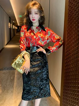 

Personality printed shirt jacket + gold package hip bust skirt suit drill pile cultivate one's morality new autumn winter