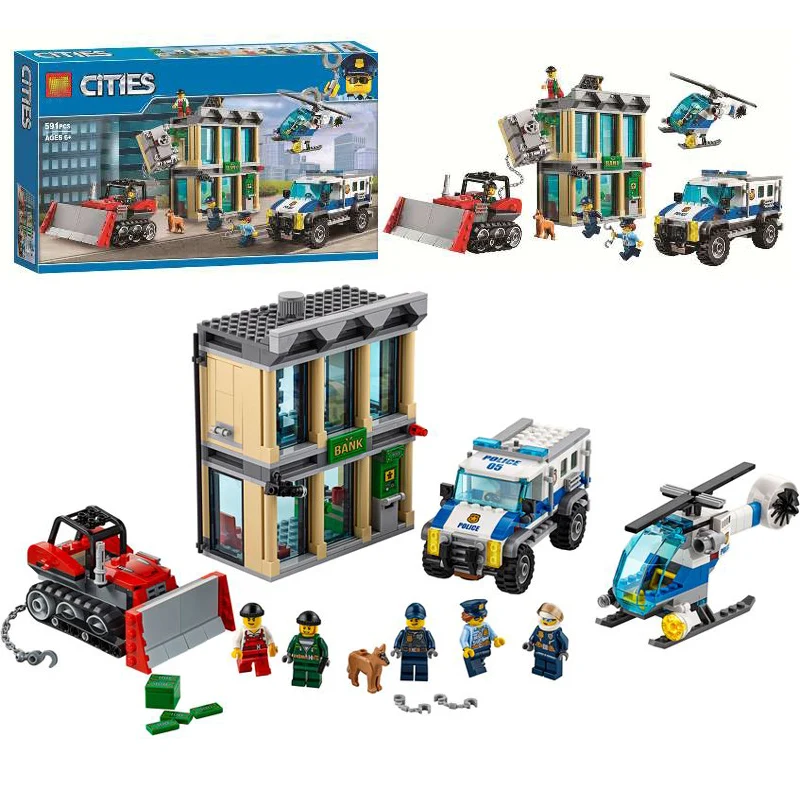 

591pcs 10659 City Police Bulldozer Break-in Bank Building Blocks Set Bricks Toys Compatible Legoinglys City 60140 For Children