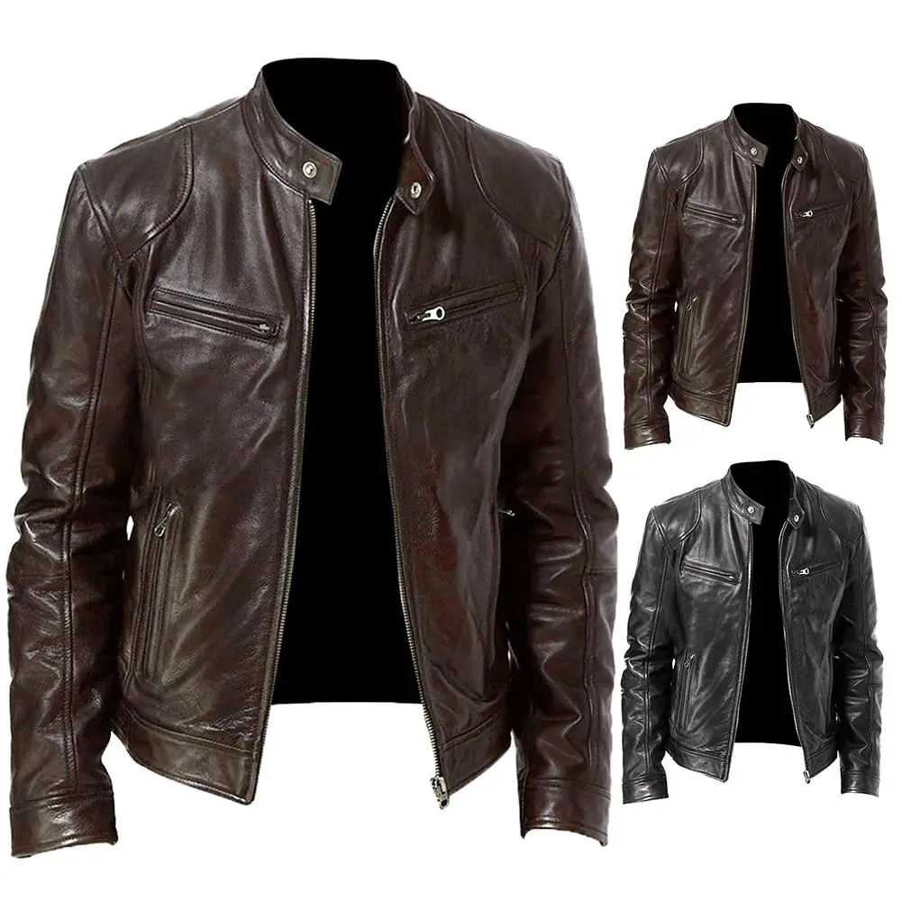 

Men's Jacket Autumn Winter Stand Collar Zipper Faux Leather Motorcycle Jacket Short Coat Windproof Warm Jacket  
