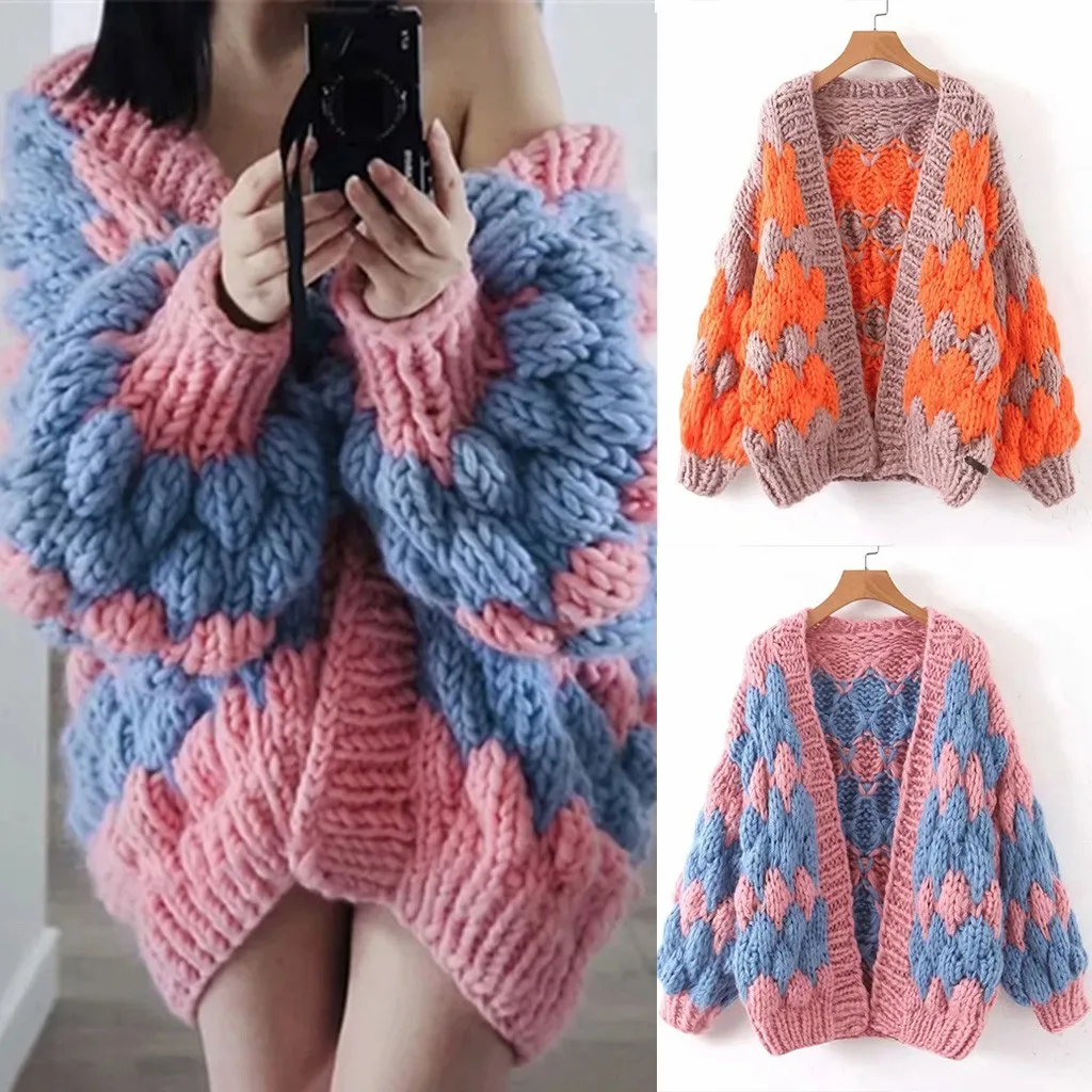 

Knit Cardigan Sweater Women Long Slim Knitted bubble Puff Sleeve Sweater Female Woman Outerwear Loose Splice Coat jacket 9.10