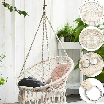 

Nordic Style Round Hammock Swing Chair Safety Hanging Hammock Rope Hanging Garden Seat Beige Knitting Rope Swing Balcony Chair
