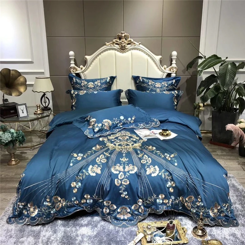 Luxury Blue European Palace Bedding Set 1000tc Egyptian Cotton Gold