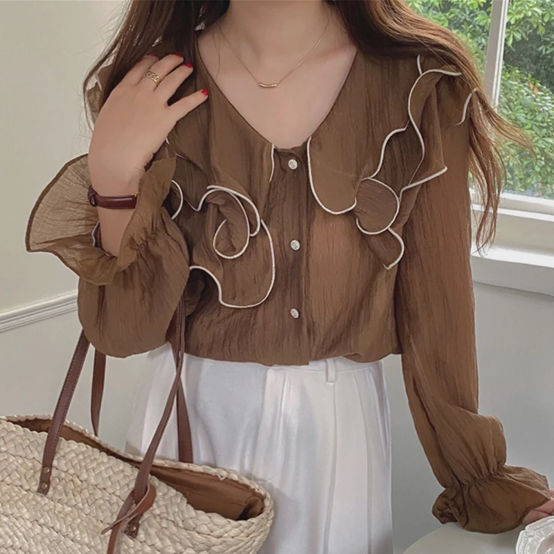 Brown Flare Sleeves Shirts Double-layer lotus leaf collar hit color single-breasted button2021 All Match Women Autumn Loose Tops bed frame honey brown solid pinewood 120x190 cm uk small double