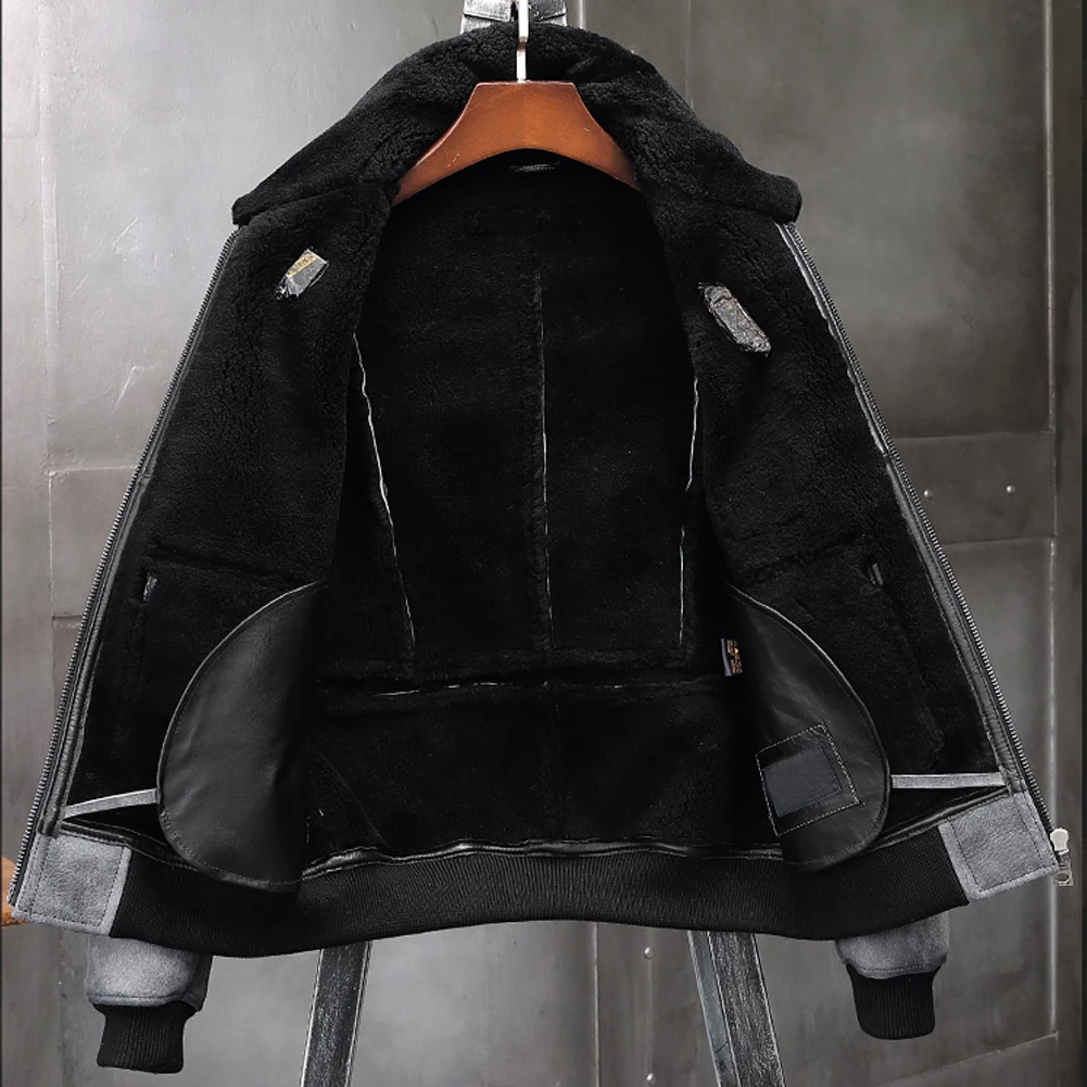 Mens Gray Sheepskin Shearling Jacket Leather Jacket A2 Airforce Flight Coat Mens Winter Fur Jacket