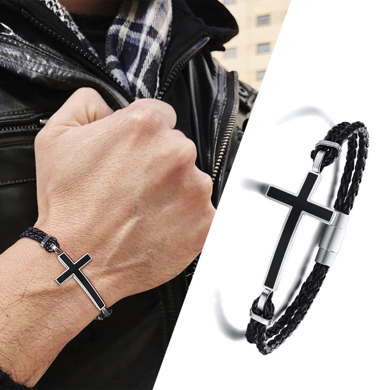 OQKKYY Pulsera De Cuero Con Cruz De Cuero Para Hombre, Con Doble Fila De Cierre Magnético, Pulsera Trenzada Personalizada, Pulsera De Cuerda De Cuero, Regalo De Joyería Religiosa Para Hombres (1