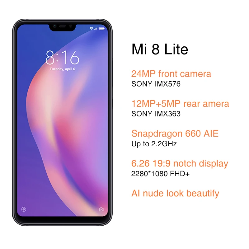 Xiaomi Mi, 8 Lite, 6 ГБ ОЗУ, 128 Гб ПЗУ, мобильный телефон, Snapdragon 660, AIE, четыре ядра, 6,26 дюймов, 2280*1080 P, 19:9, нотч, полный экран