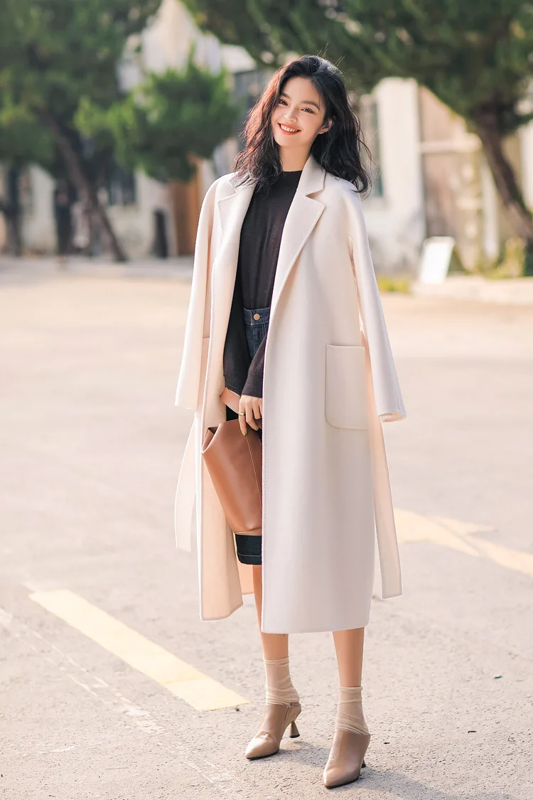 Новинка, классическое кашемировое двухстороннее длинное пальто ручной работы в Корейском стиле, шерстяное пальто, зимнее женское пальто