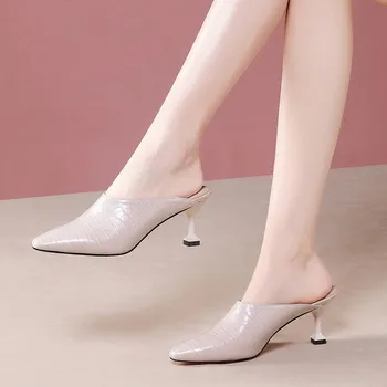 

MLJUESE 2020 women slippers Soft Cow leather Rome style summer round toe pink color thin heel sandals party dress