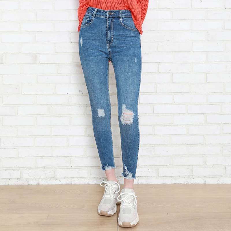 

Autumn Winter leisure Women Denim Skinny Pant Stretch High Waist Washed Blue Destroy/Rips Slim Elastic Lady Jeans