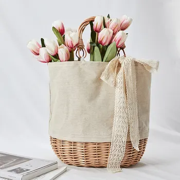 

Straw Linen Stitching Bag Straw Woven Linen Splicing Handheld Rattan Wicker Portable Canvas Bag Woven Large Women Female