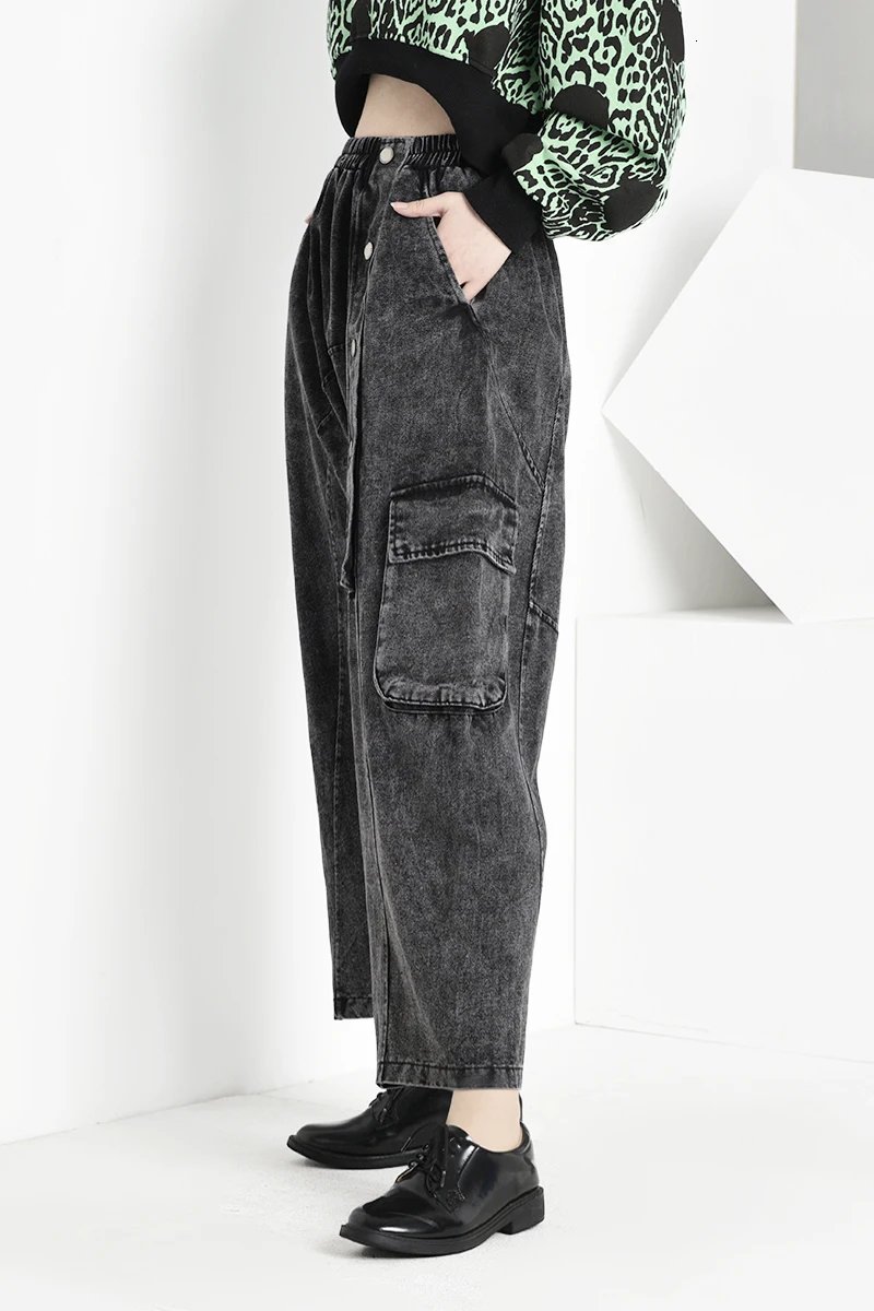 [EAM] Длинные свободные джинсы для отдыха с широкими штанинами и пуговицами, новые свободные женские брюки с высокой талией, модные весенне-осенние, 1K1500