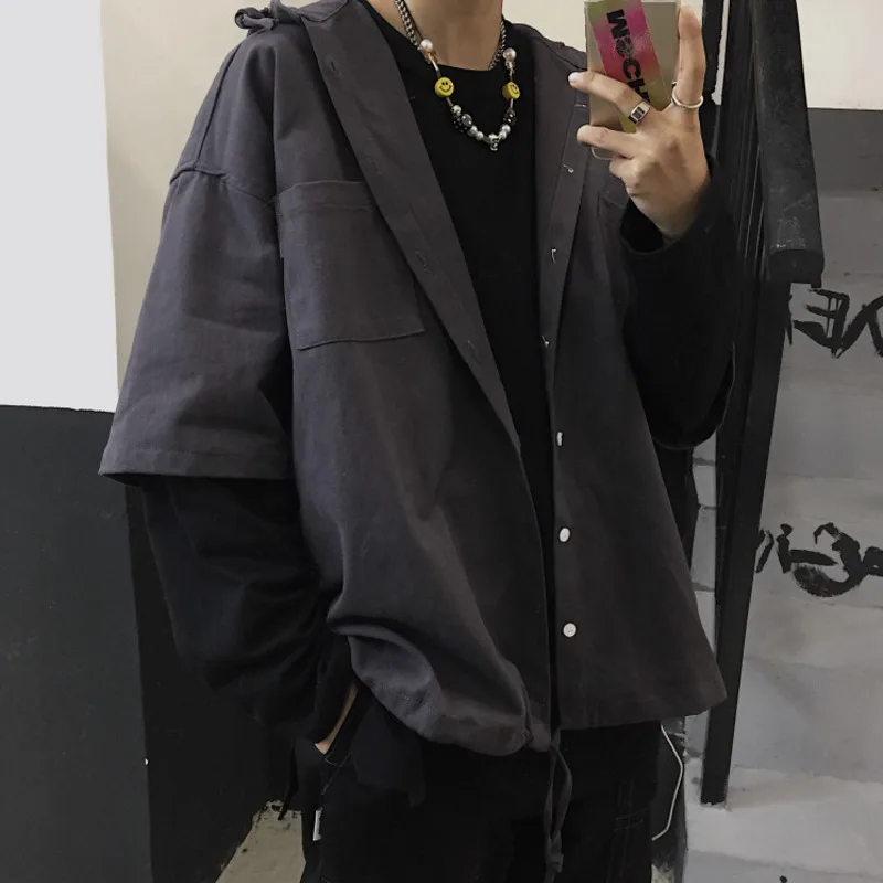 

Spring Hooded Shirt Men's Fashion Hit Color Casual Shirt Jacket Men Streetwear Wild Loose Couple Long Sleeve Shirts Mens