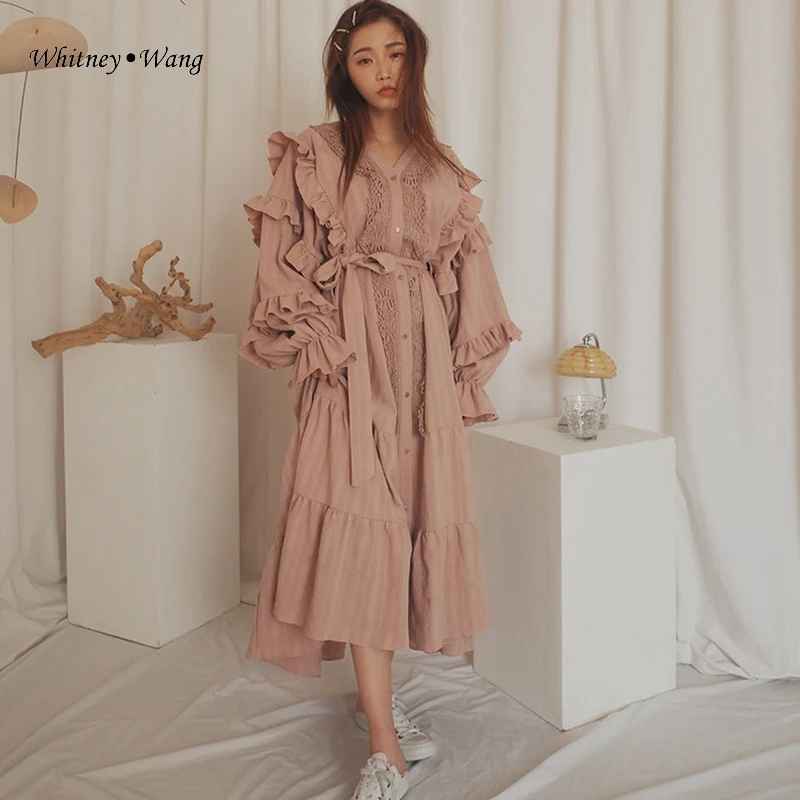 Уличная мода WHITNEY WANG в Корейском стиле с v-образным вырезом и кружевной окантовкой