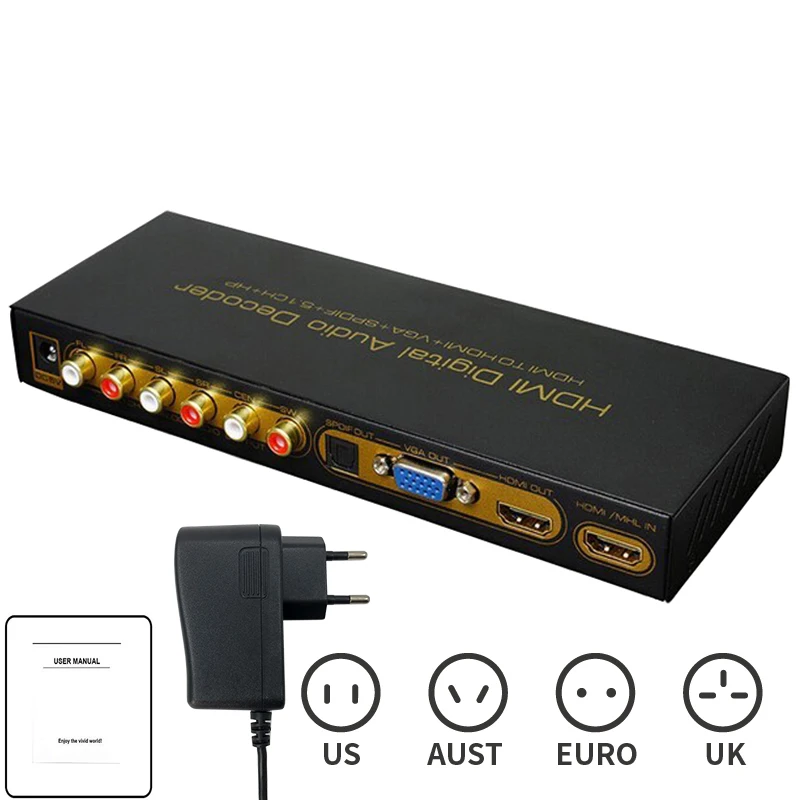 

3-in-1 5.1 CH Digital audio decoder converter HDMI to VGA+HDMI Splitter converter with 5.1CH HDMI audio extractor functions