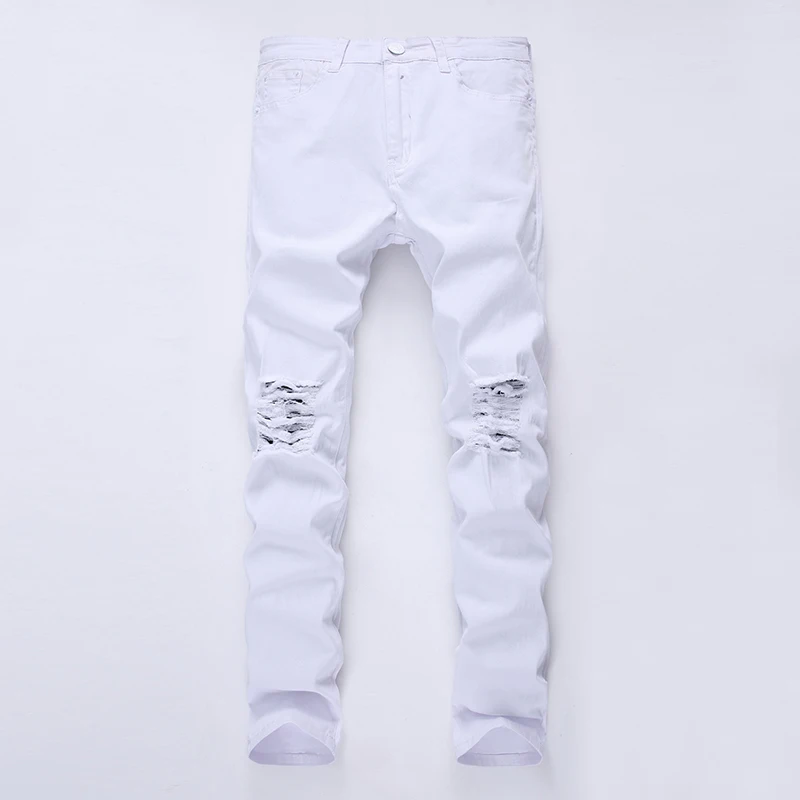 White 1 шт., прямые джинсы, новинка, мужские джинсы, Стрейчевые брюки, повседневные штаны, мужские рваные джинсы, одноцветные мужские джинсы, модные хлопковые джинсы - Цвет: White