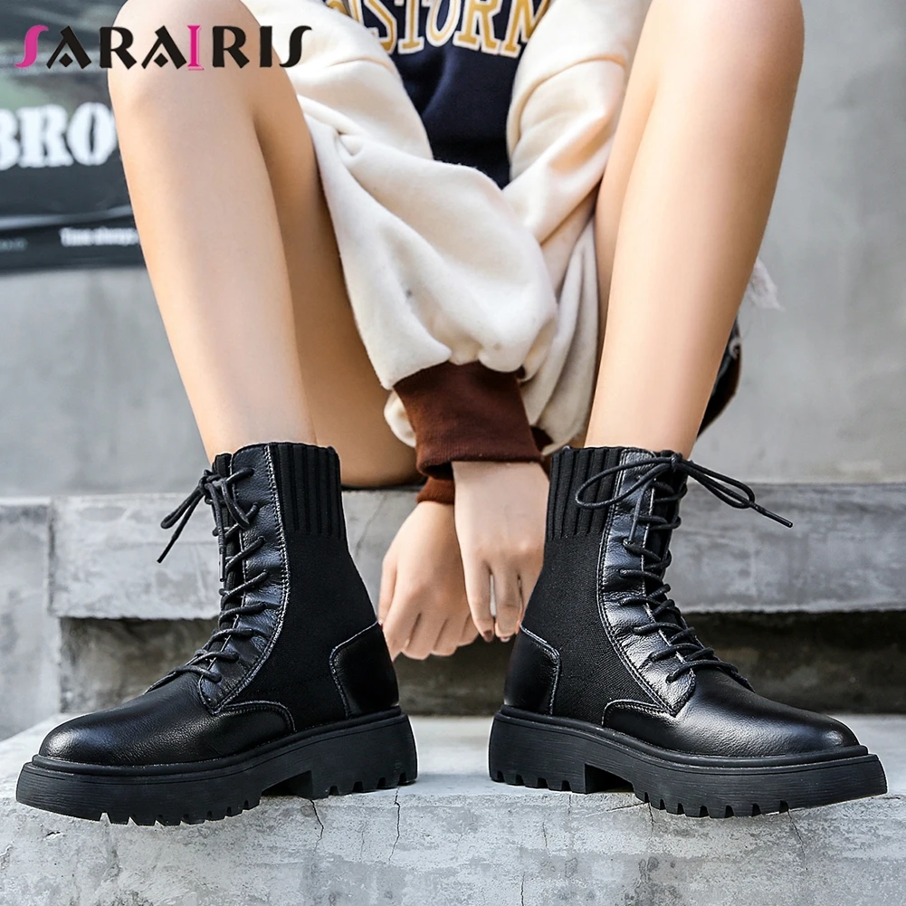 

SARAIRIS New Girl High Quality Split Pleather Booties Ladies Chunky Heels Autumn Stretch Ankle Boots Women Platform Shoes Woman