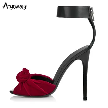 

Aiyoway Black Ankle Wrap Knot Sexy Peep Toe Sandals Summer Shoes Women Red Velvet Knitted Evening Dress High Heel Big Size