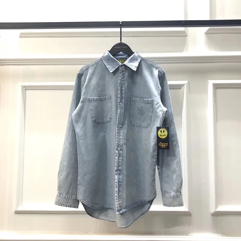 19FW DREW HOUSE, Мужская джинсовая рубашка, уличная рубашка с длинным рукавом, Camisas Hombre, мужские и женские рубашки с отворотом, свободная джинсовая рубашка в стиле хип-хоп