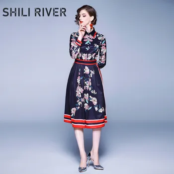 

2020 spring autumn designer runway shirt dress for women long sleeve slim casual print floral elegant gorgeous full dresses blue