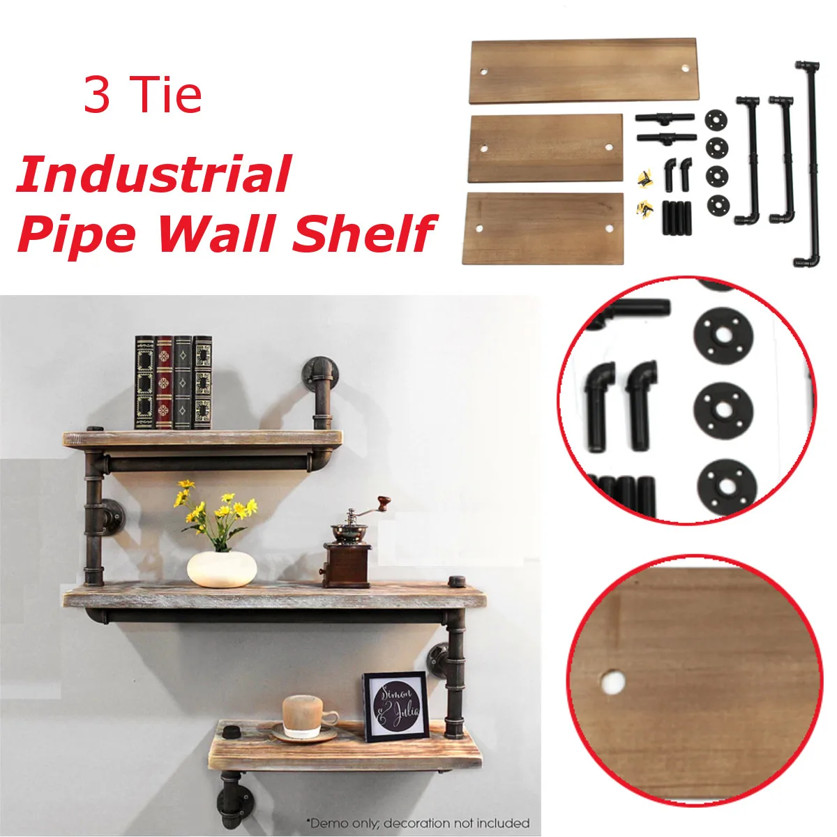 

Wall Mounted Industrial Rustic Urban Iron Pipe Wall Shelf 3 Tiers Wooden Board Shelving Home Restaurant kitchen Bar Shop Decor