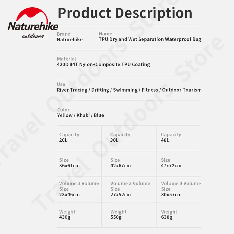Naturehike Waterproof Backpack Dry Wet Separation TPU 20L/30L/40L High Capacity Wear Resistant Outdoor Swimming Sport Travel Bag