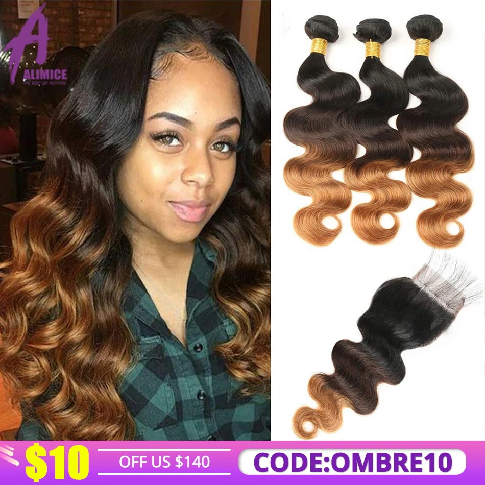 

Alimice Ombre Bundles With Closure Peruvian Body Wave T1B/4/30 Color 100% Human Hair Weaves 3 Tone Remy Hair Extensions